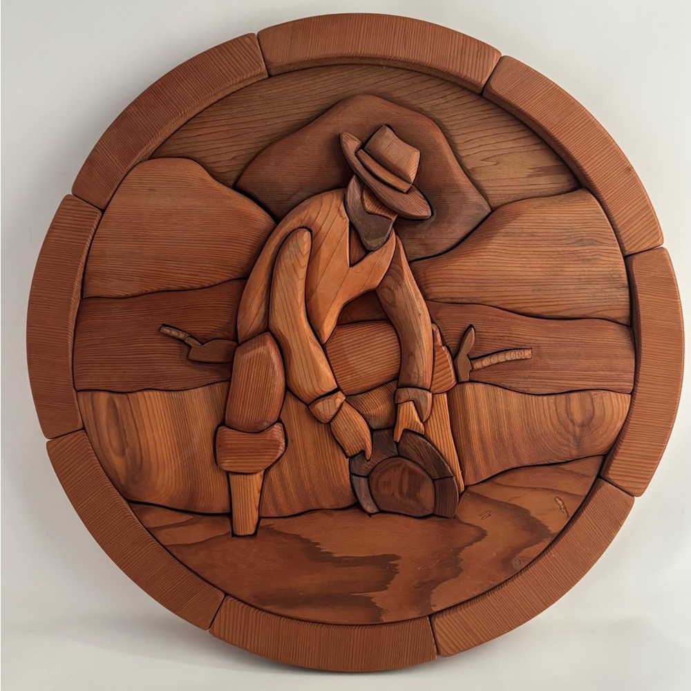 Handcrafted Unique Intarsia Wood Art Wall Plaque Decor Gold Mining Cabin Rustic